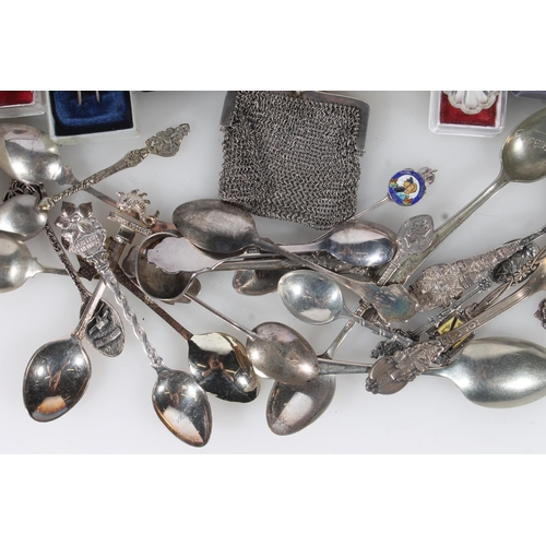 257 - Group of white metal and silver plated continental souvenir spoons together with a small hallmarked ... 