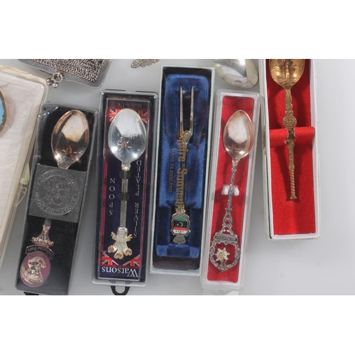 257 - Group of white metal and silver plated continental souvenir spoons together with a small hallmarked ... 