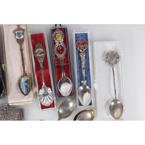 257 - Group of white metal and silver plated continental souvenir spoons together with a small hallmarked ... 