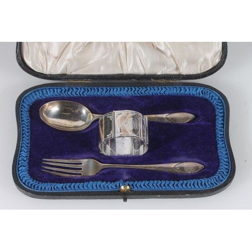 36 - Geo. V silver christening set of fork, spoon and napkin ring, Pearce and Sons Sheffield 1913, 79g, i... 