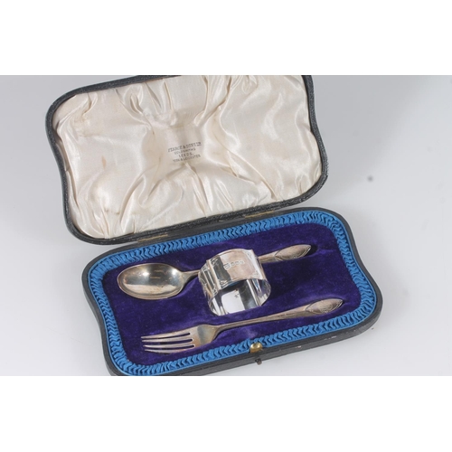 36 - Geo. V silver christening set of fork, spoon and napkin ring, Pearce and Sons Sheffield 1913, 79g, i... 