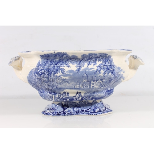 37 - Masons Ironstone Vista pattern blue and white pottery tureen, W35cm.