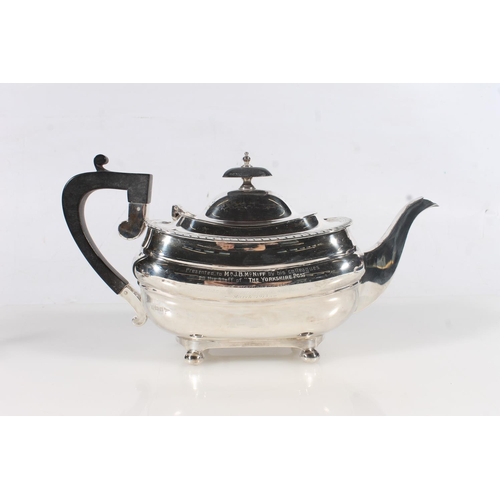 44 - Geo. V three piece silver tea service, the reeded rims over a ribbed body raised on bun feet, the te... 