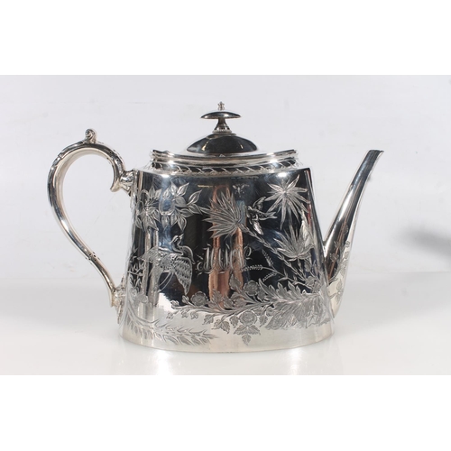 46 - Late Victorian three piece Walker and Hall silver plated tea service, the tapered bodies engraved in... 