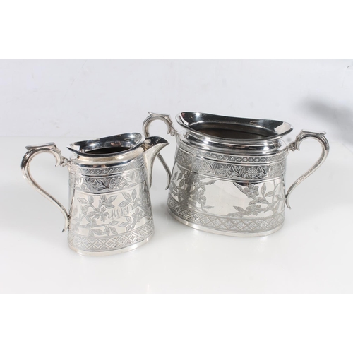 46 - Late Victorian three piece Walker and Hall silver plated tea service, the tapered bodies engraved in... 