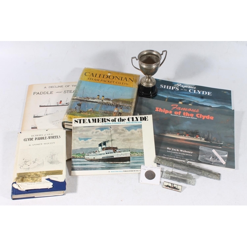 98 - Paddle steamer related books, two small paddle steamer metal models and a RMS Andes trophy etc.