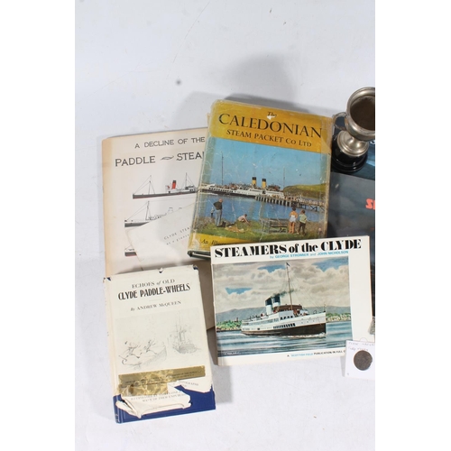 98 - Paddle steamer related books, two small paddle steamer metal models and a RMS Andes trophy etc.