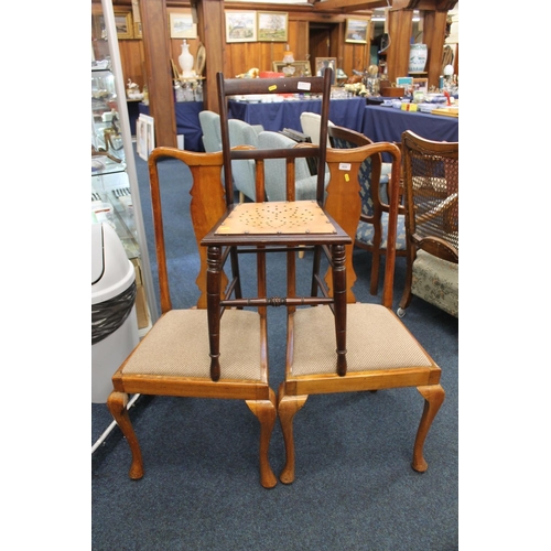 655 - Two Edwardian mahogany chairs and one other small chair.