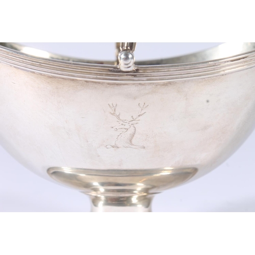 10 - Geo.III silver sugar basket, of oval navette shape with reeded border and foot under overswing handl... 