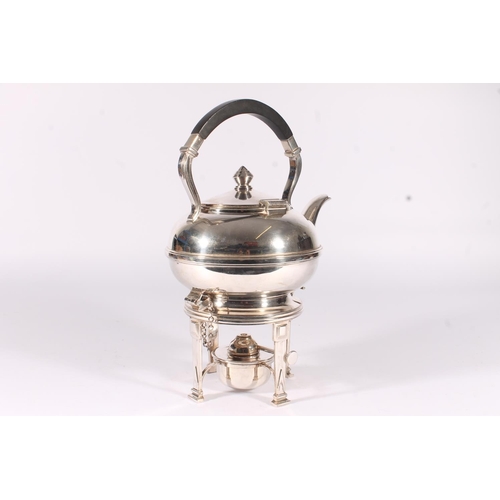 14 - Geo.V period Elkington and Co. silver plated spirit kettle, the ebonized handle over ziggurat form f... 