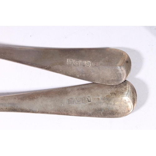 25 - Pair of Victorian silver tablespoons, makers mark rubbed, London 1893, together with a pair of Geo. ... 