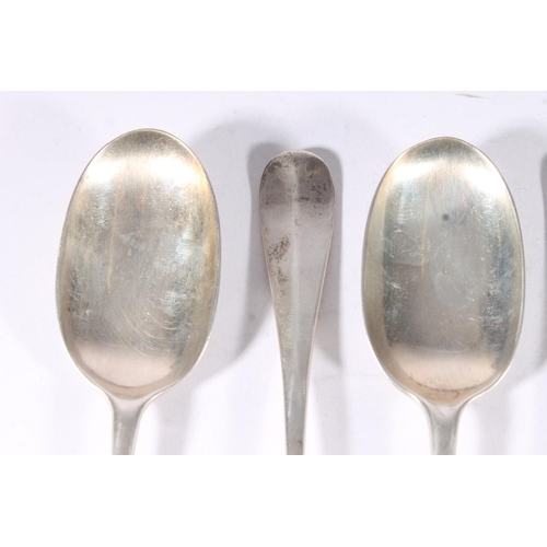 26 - Four Victorian silver dessert spoons, makers mark rubbed, London 1893, 204g.