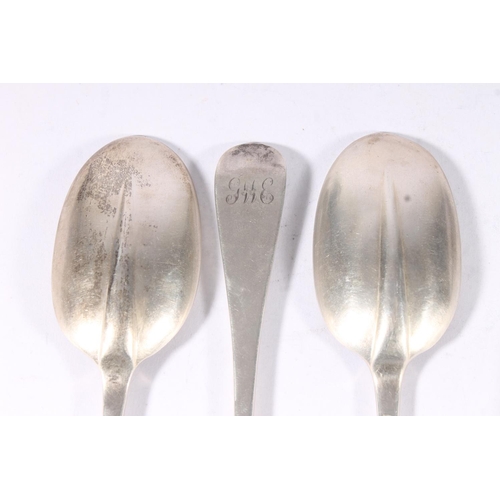 26 - Four Victorian silver dessert spoons, makers mark rubbed, London 1893, 204g.