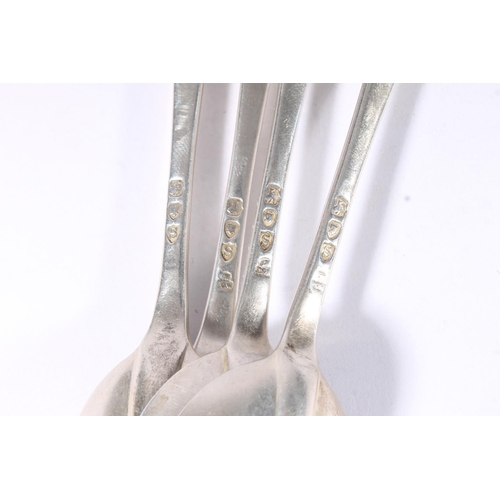 26 - Four Victorian silver dessert spoons, makers mark rubbed, London 1893, 204g.