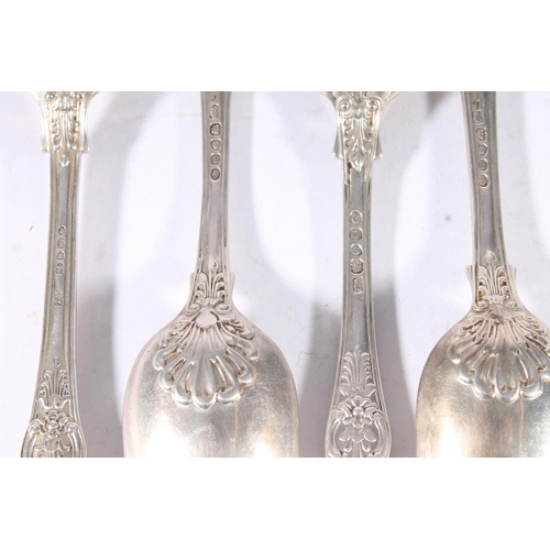 34 - Six matched William IV and early Victorian silver Queens pattern dessert spoons, various dates and m... 