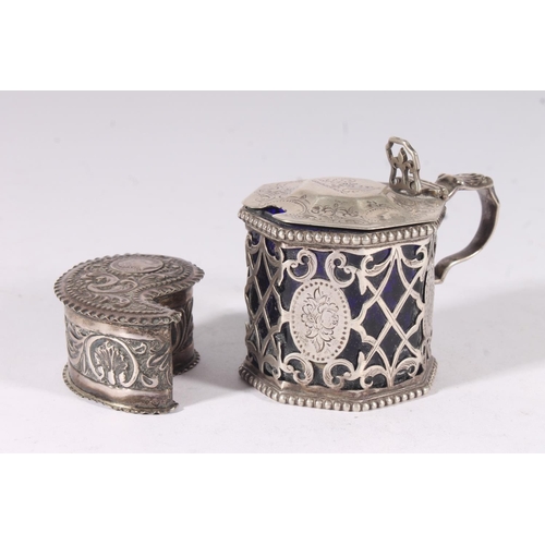 39 - Victorian silver mustard pot, the hinged lid chase engraved with scrolls and swags, the octagonal bo... 