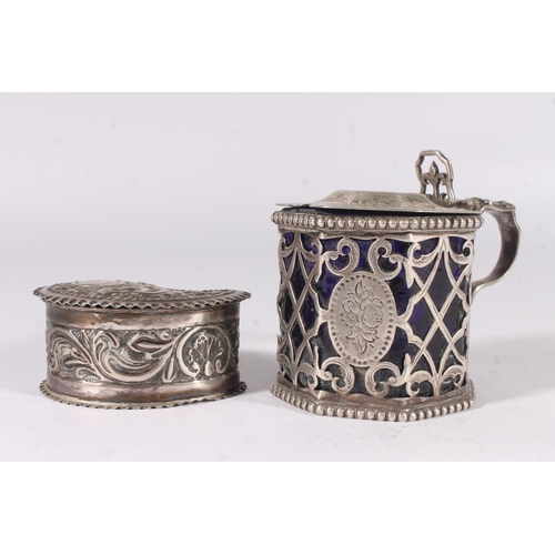 39 - Victorian silver mustard pot, the hinged lid chase engraved with scrolls and swags, the octagonal bo... 