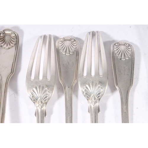 41 - Set of ten Victorian silver thread and shell pattern starter forks, makers mark rubbed, possibly Lon... 