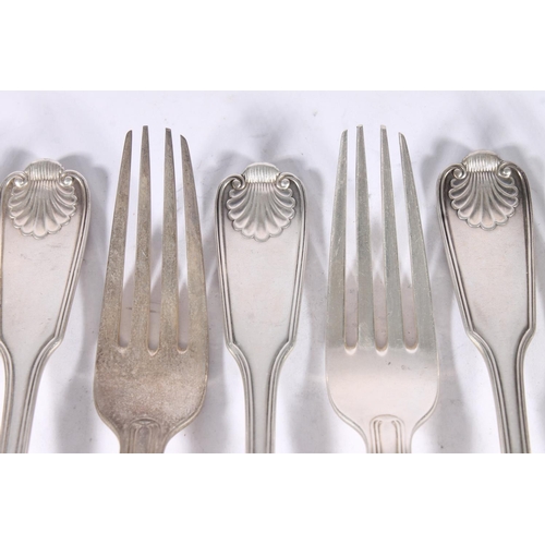 42 - Set of twelve Victorian silver thread and shell pattern dinner forks, makers mark rubbed, possibly L... 