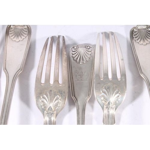 42 - Set of twelve Victorian silver thread and shell pattern dinner forks, makers mark rubbed, possibly L... 