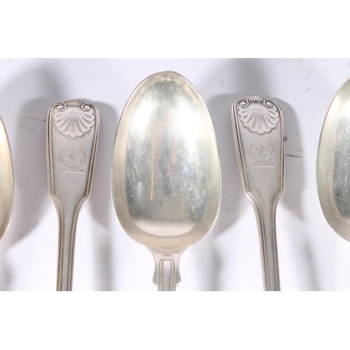 43 - Set of eleven Victorian silver thread and shell pattern dessert spoons, makers mark rubbed, possibly... 