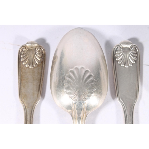 43 - Set of eleven Victorian silver thread and shell pattern dessert spoons, makers mark rubbed, possibly... 