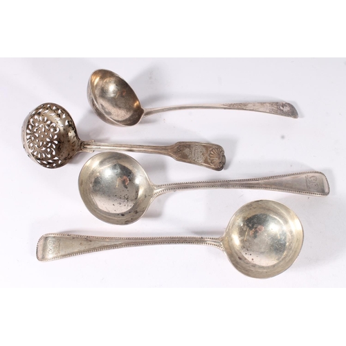 45 - Victorian silver flatware incl. pair of ladles, sifter spoon, three teaspoons and an earlier Geo.IV ... 