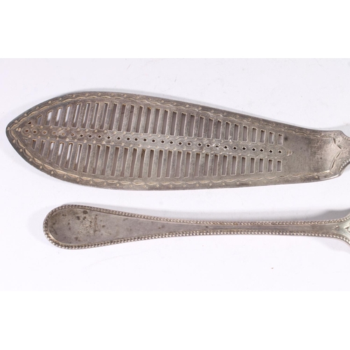 46 - Victorian silver fish servers, the blades with pierced bars within an engraved and beaded border, Ma... 