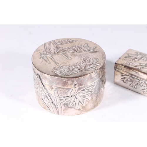 54 - Chinese Wang Hing silver oval box and matching pin box, embossed with bamboo fronds, impressed with ... 