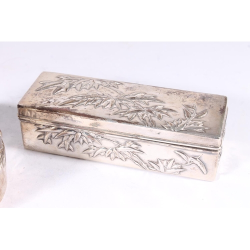 54 - Chinese Wang Hing silver oval box and matching pin box, embossed with bamboo fronds, impressed with ... 