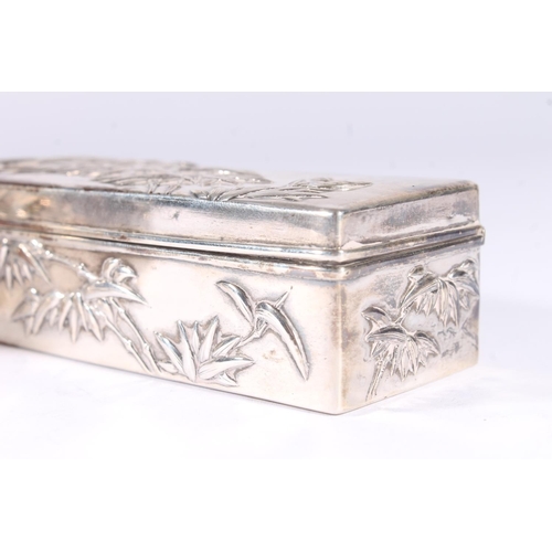 54 - Chinese Wang Hing silver oval box and matching pin box, embossed with bamboo fronds, impressed with ... 