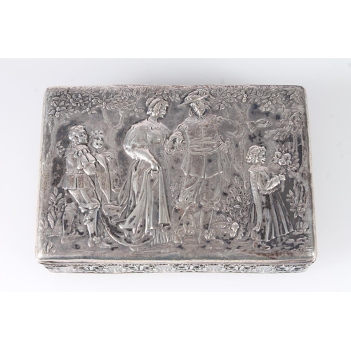 55 - Hanau silver rectangular box, late 19th century, embossed with family woodland scene, opening to rev... 