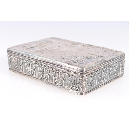 55 - Hanau silver rectangular box, late 19th century, embossed with family woodland scene, opening to rev... 