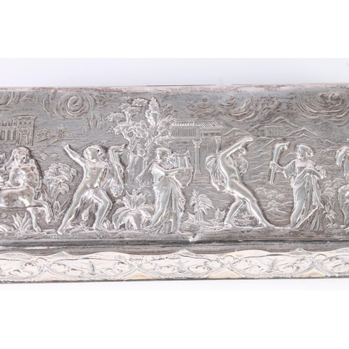 56 - Victorian silver table box, of rectangular shape, the hinged cover embossed with a procession of cla... 