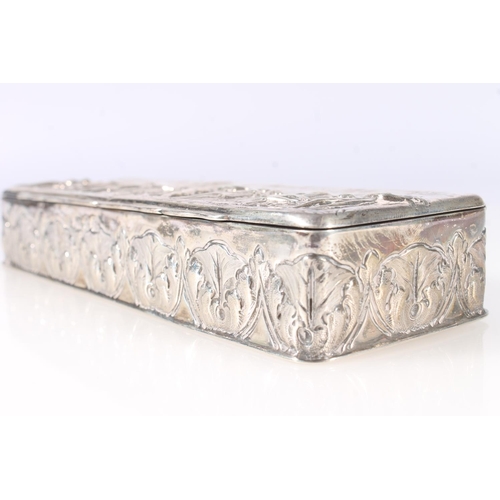 56 - Victorian silver table box, of rectangular shape, the hinged cover embossed with a procession of cla... 