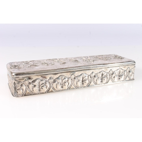 56 - Victorian silver table box, of rectangular shape, the hinged cover embossed with a procession of cla... 