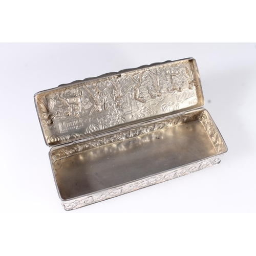 56 - Victorian silver table box, of rectangular shape, the hinged cover embossed with a procession of cla... 