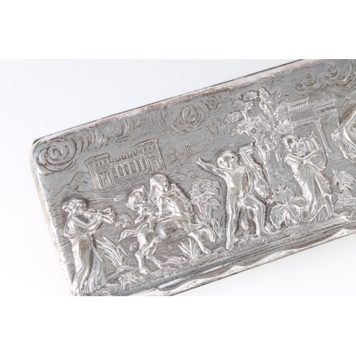 56 - Victorian silver table box, of rectangular shape, the hinged cover embossed with a procession of cla... 