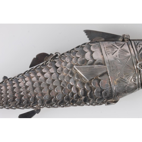 57 - Continental white metal model of a fish, the hinged head opening to reveal small compartment over ar... 