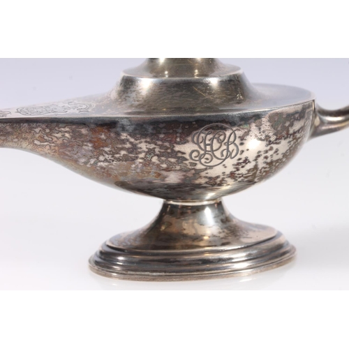 59 - Victorian silver small oil lamp in the form of a Genies lamp, WH Walter Birmingham 1901, L15.2cm.