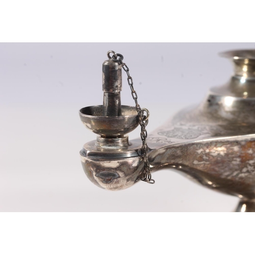 59 - Victorian silver small oil lamp in the form of a Genies lamp, WH Walter Birmingham 1901, L15.2cm.