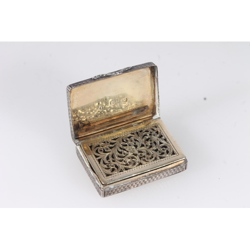 63 - William IV silver vinaigrette, of rectangular form with engine turned decoration and cast thumbpiece... 