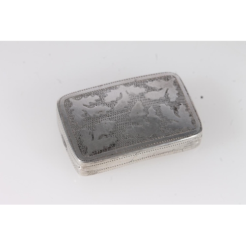 64 - Geo.III silver vinaigrette, of rectangular curved shape with engraved leaf decoration, opening to re... 