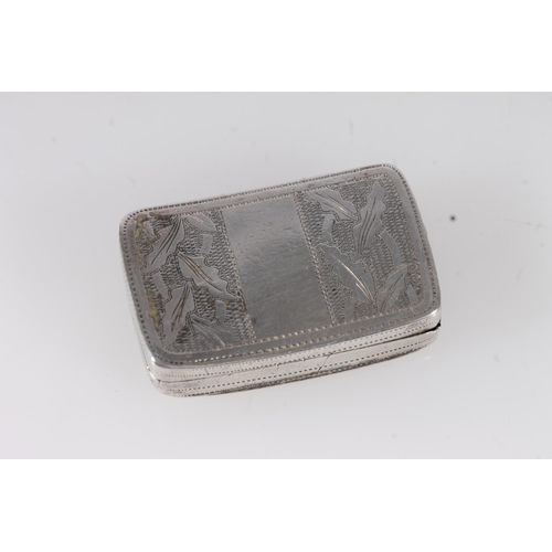 64 - Geo.III silver vinaigrette, of rectangular curved shape with engraved leaf decoration, opening to re... 