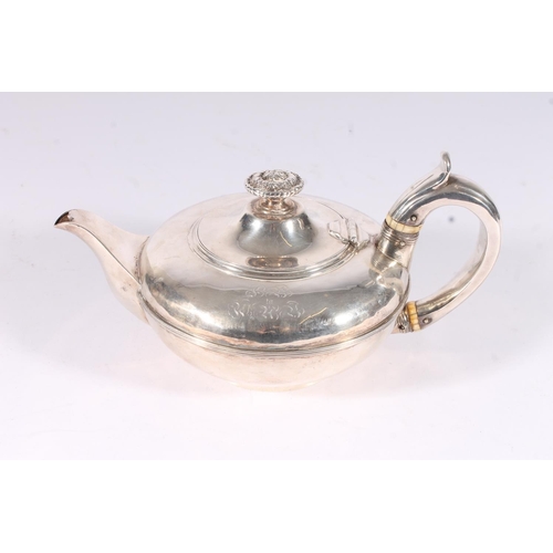 8 - Geo. IV silver teapot, the cast foliate finial above hinged cover, ovoid ribbed body and ear shape h... 