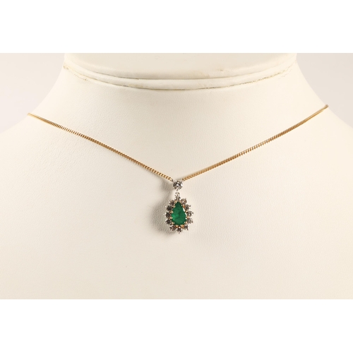 63 - 18ct gold necklace with emerald and diamond cluster pendant