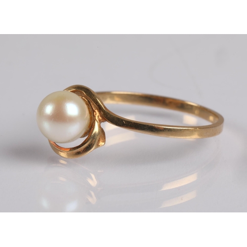 66 - 10kt gold dress ring set with pearl, the shank stamped '10KT', ring size P, 1.7g gross.