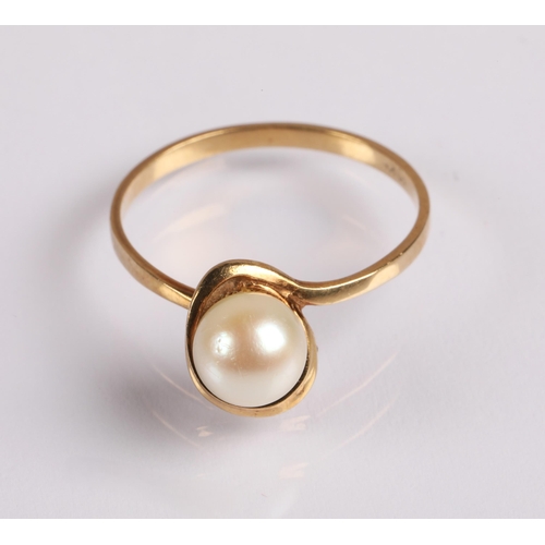 66 - 10kt gold dress ring set with pearl, the shank stamped '10KT', ring size P, 1.7g gross.