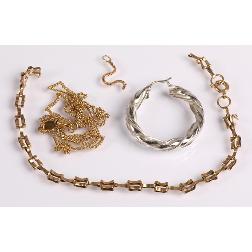 70 - 9ct gold bracelet (af), 2.2g, a 9ct white gold hoop earring 2.2g, a part of a yellow metal box link ... 