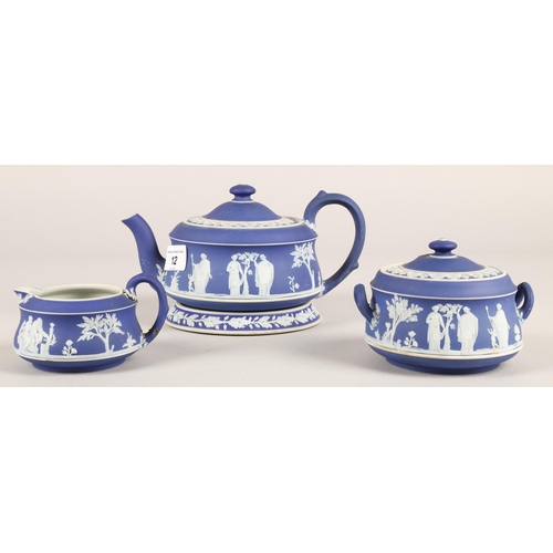 12 - Wedgwood blue jasperware three piece tea service...